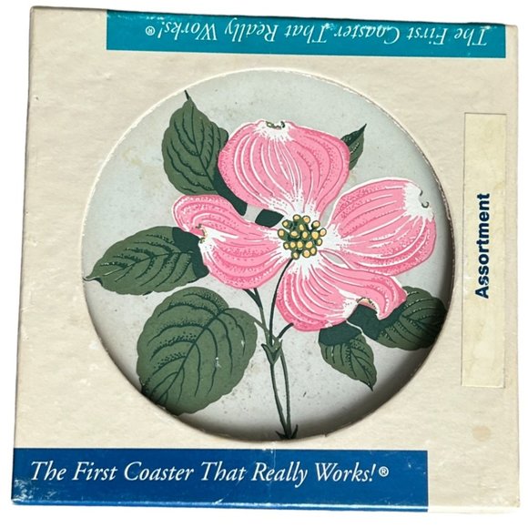 Vtg CoasterStone Sandstone Flower Coasters Set of 4 in Box Floral 4.25" diameter - Picture 1 of 14